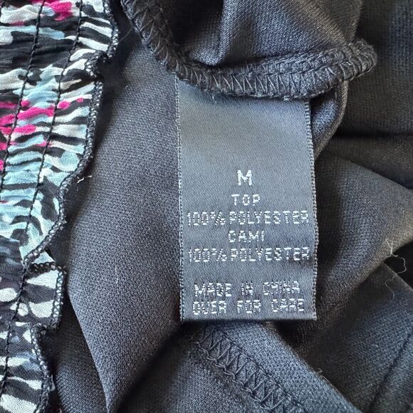 BCX Sheer Top Women Sz M Black with Fucsia White Print Over Cami Tank Ruched Hem - Picture 7 of 8